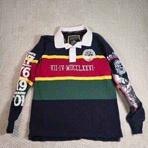 Heritage America Mens Large Rugby Shirt Colorblock Lone Wolf Patch Long Sleeve